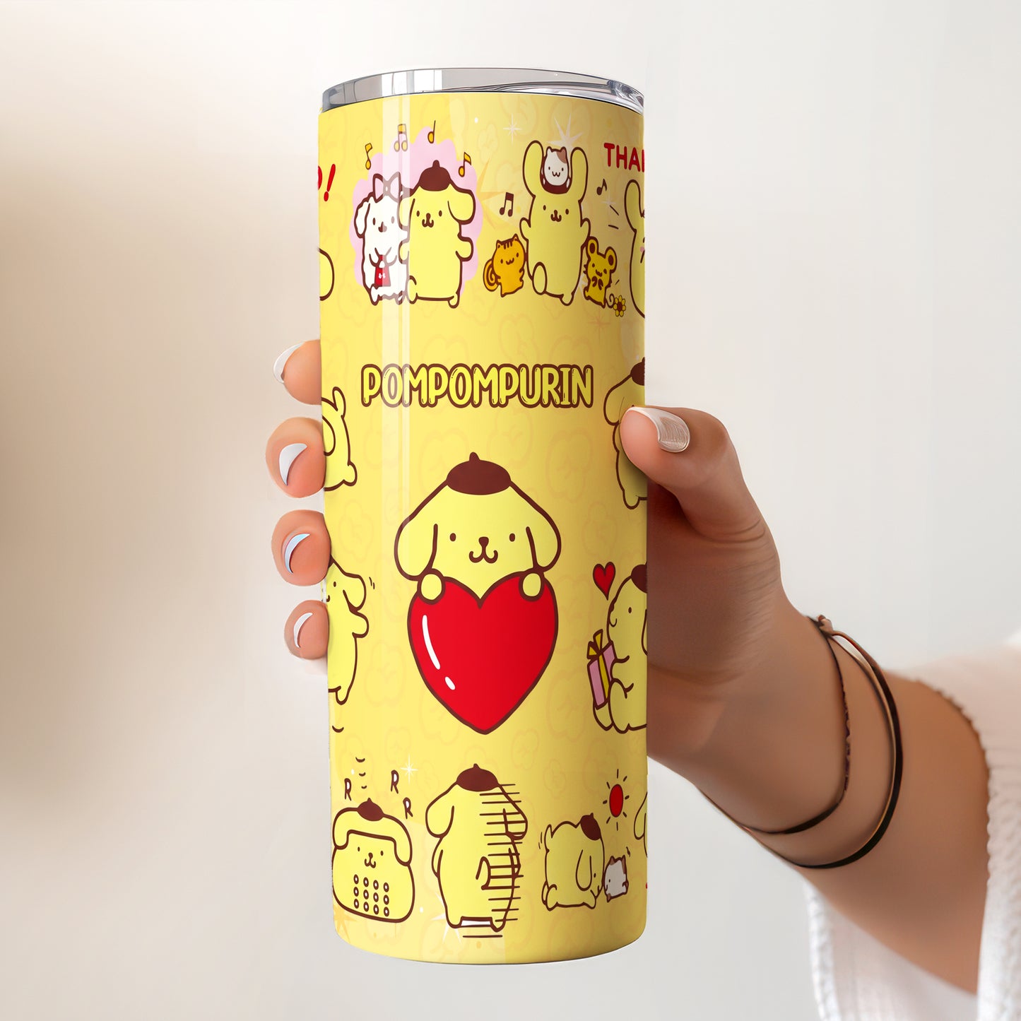 Pompompurin Yellow Heart Skinny Tumbler - Custom Name (20oz) | Insulated Stainless Steel Travel Cup
