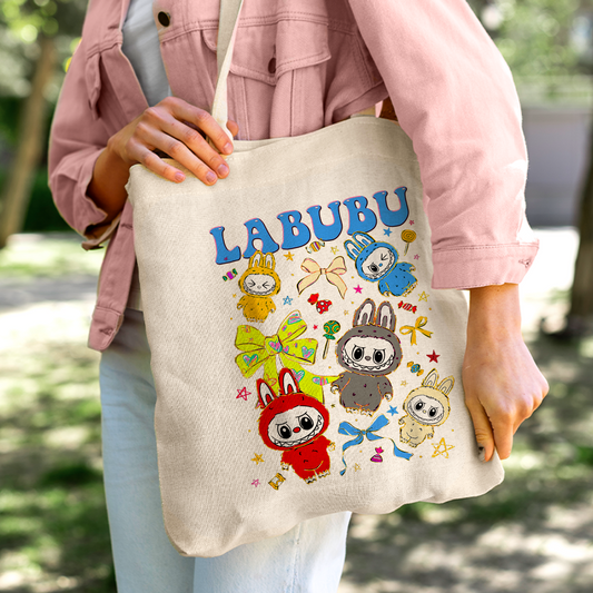 Labubu Blue Bows Linen Tote Bag - Custom Name (35x45cm) | Eco-Friendly Lightweight Shopping & Everyday Carrier