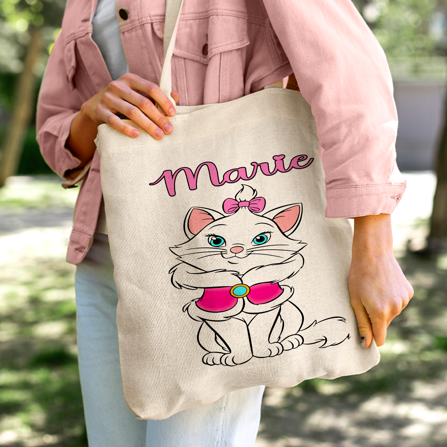Marie Cat Linen Tote Bag - Custom Name (35x45cm) | Eco-Friendly Lightweight Shopping & Everyday Carrier