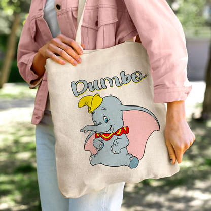 Dumbo Flying Elephant Linen Tote Bag - Custom Name (35x45cm) | Eco-Friendly Lightweight Shopping & Everyday Carrier