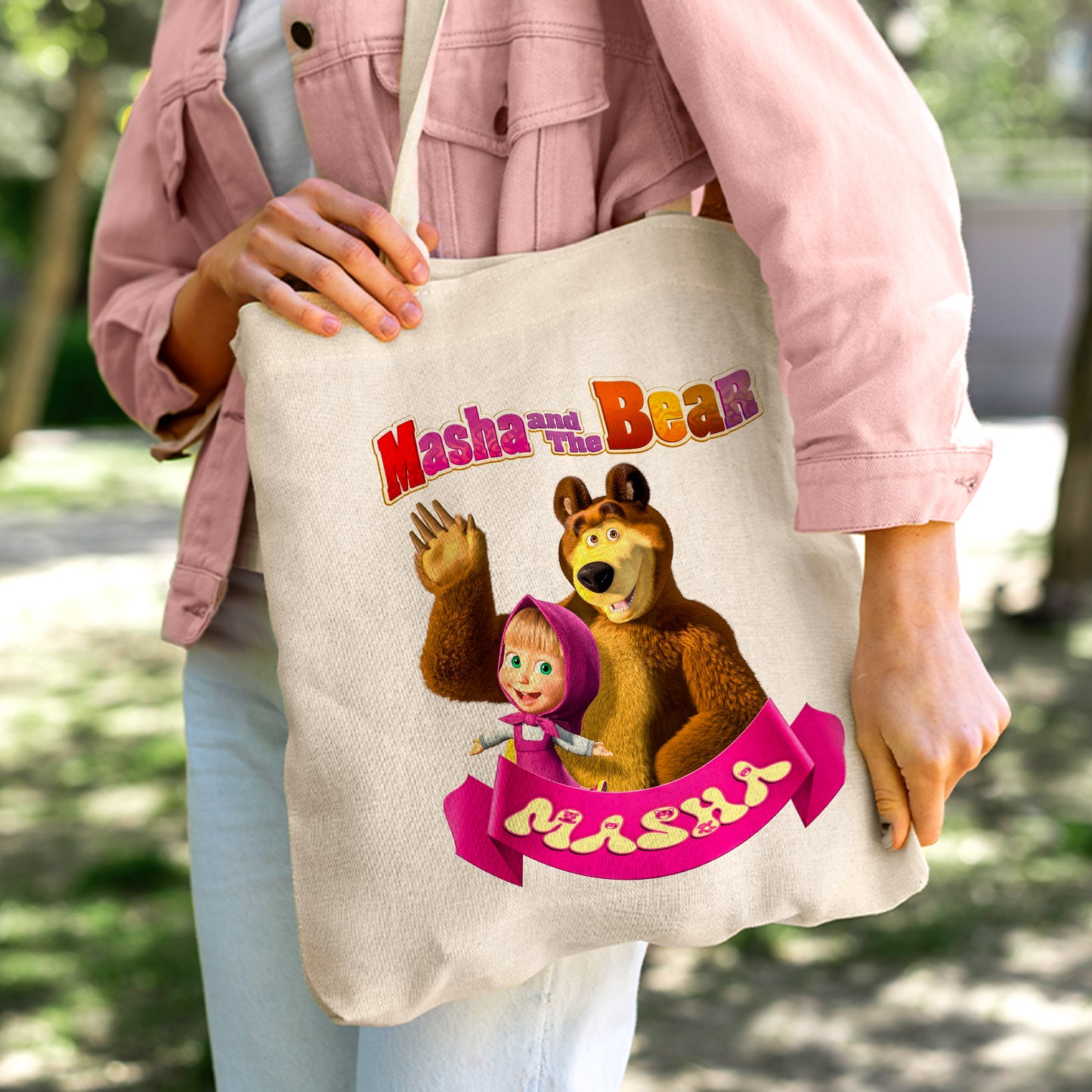 Masha and the Bear Linen Tote Bag - Custom Name (35x45cm) | Eco-Friendly Lightweight Shopping & Everyday Carrier