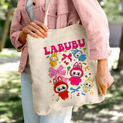 Labubu Pink Bows Linen Tote Bag - Custom Name (35x45cm) | Eco-Friendly Lightweight Shopping & Everyday Carrier