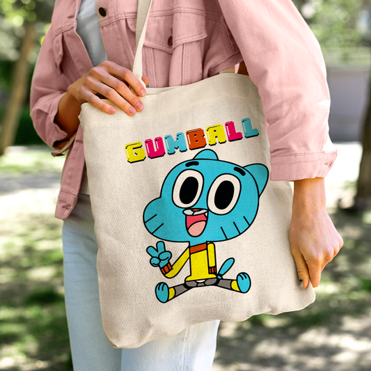 Gumball Blue Cat Linen Tote Bag - Custom Name (35x45cm) | Eco-Friendly Lightweight Shopping & Everyday Carrier