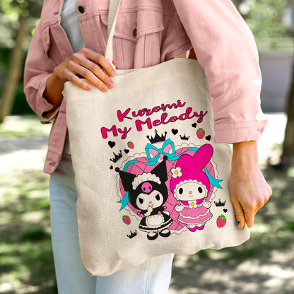 Kuromi & My Melody Linen Tote Bag - Custom Name (35x45cm) | Eco-Friendly Lightweight Shopping & Everyday Carrier