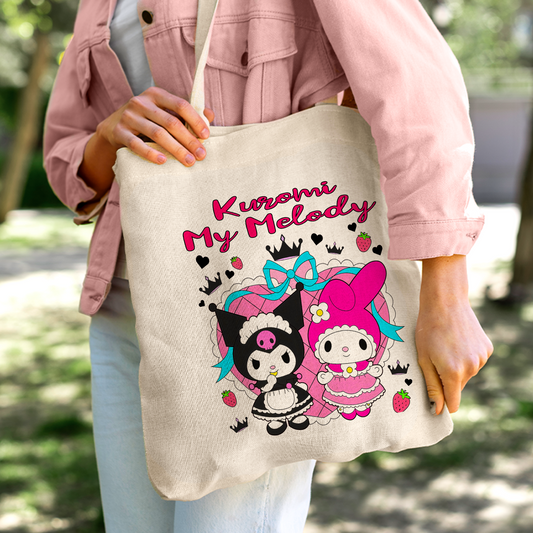 Kuromi & My Melody Linen Tote Bag - Custom Name (35x45cm) | Eco-Friendly Lightweight Shopping & Everyday Carrier