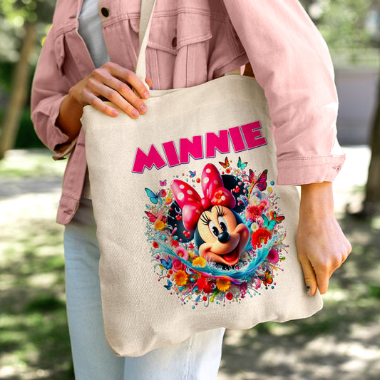 Minnie Mouse Floral Splash Linen Tote Bag - Custom Name (35x45cm) | Eco-Friendly Lightweight Shopping & Everyday Carrier