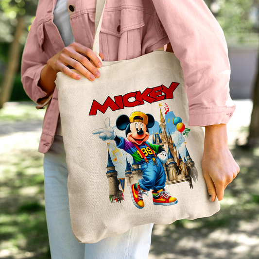 Retro Mickey Mouse Linen Tote Bag - Custom Name (35x45cm) | Eco-Friendly Lightweight Shopping & Everyday Carrier