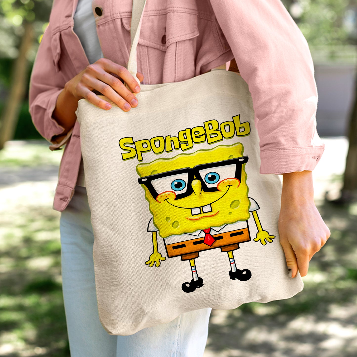 SpongeBob SquarePants Glasses Linen Tote Bag - Custom Name (35x45cm) | Eco-Friendly Lightweight Shopping & Everyday Carrier