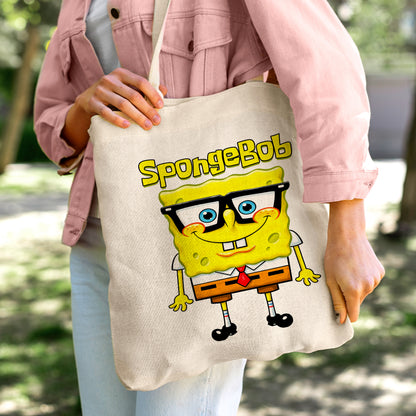 SpongeBob SquarePants Glasses Linen Tote Bag - Custom Name (35x45cm) | Eco-Friendly Lightweight Shopping & Everyday Carrier