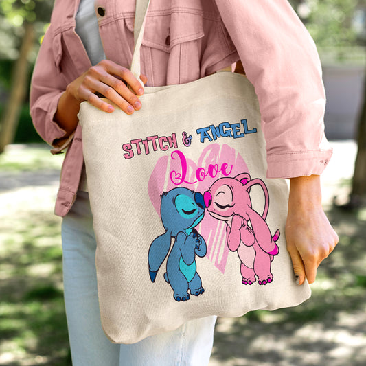 Stitch & Angel Love Linen Tote Bag - Custom Name (35x45cm) | Eco-Friendly Lightweight Shopping & Everyday Carrier
