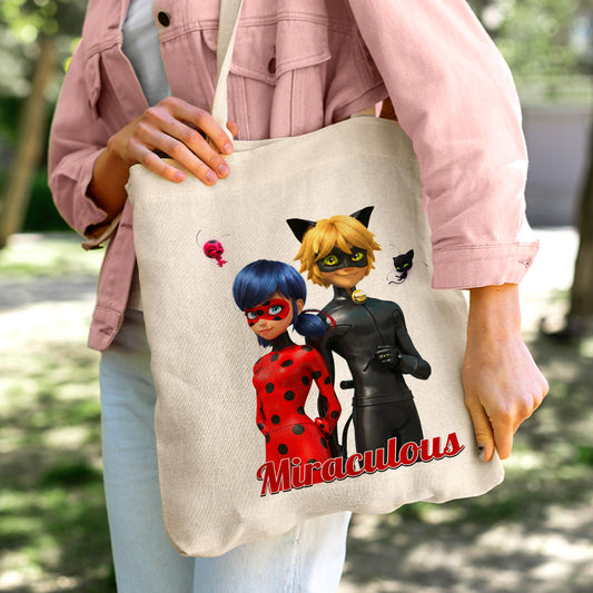 Miraculous Ladybug & Cat Noir Linen Tote Bag - Custom Name (35x45cm) | Eco-Friendly Lightweight Shopping & Everyday Carrier