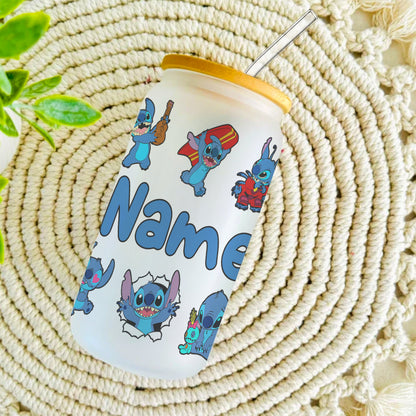 Stitch Character Collage 16oz Glass Tumbler – Custom Name | Bamboo Lid & Straw