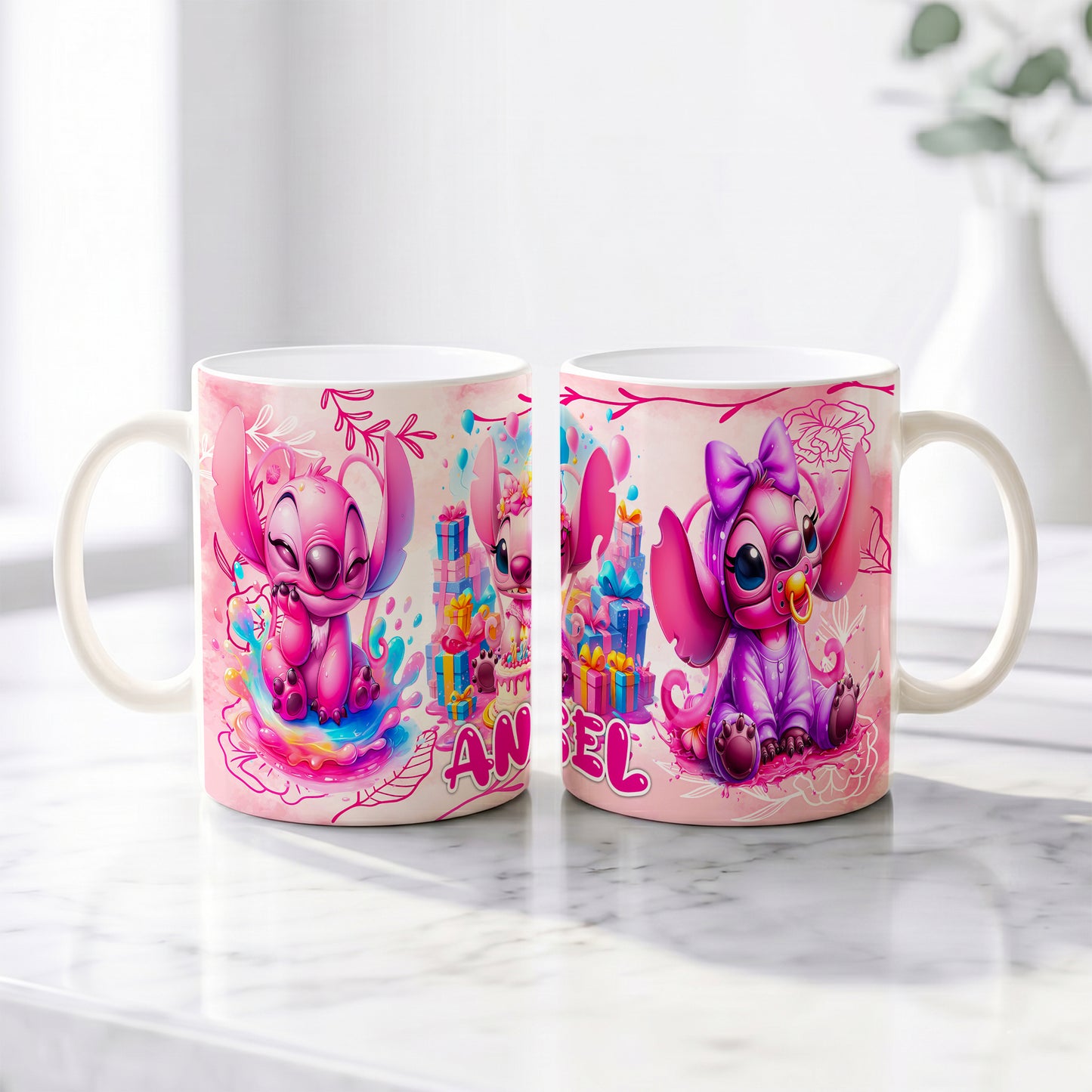 Angel Happy Birthday Premium Ceramic Mug - Custom Name (11oz) | Microwave & Dishwasher Safe Coffee Cup