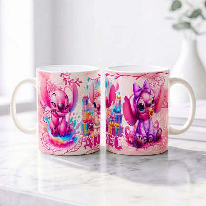 Angel Happy Birthday Premium Ceramic Mug - Custom Name (11oz) | Microwave & Dishwasher Safe Coffee Cup