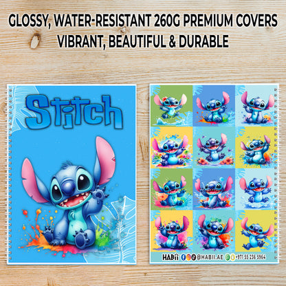 Stitch Splash Whimsy Spiral Notebook  - Custom Name | A5 | 60 Pages (30 Sheets) | Cute & Colorful Design