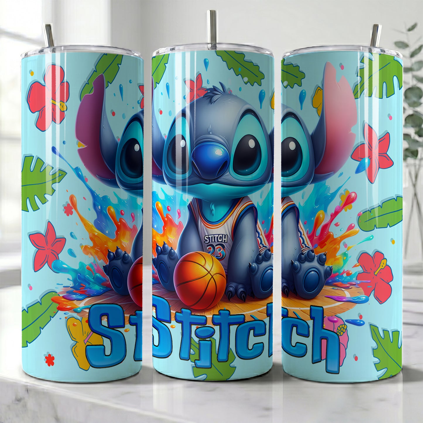 Stitch Basketball Splash Skinny Tumbler - Custom Name (20oz) | Insulated Stainless Steel Travel Cup
