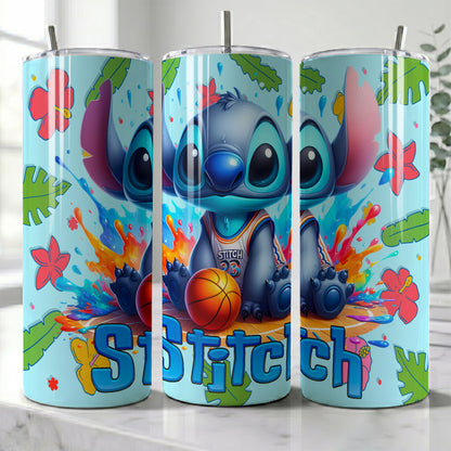 Stitch Basketball Splash Skinny Tumbler - Custom Name (20oz) | Insulated Stainless Steel Travel Cup