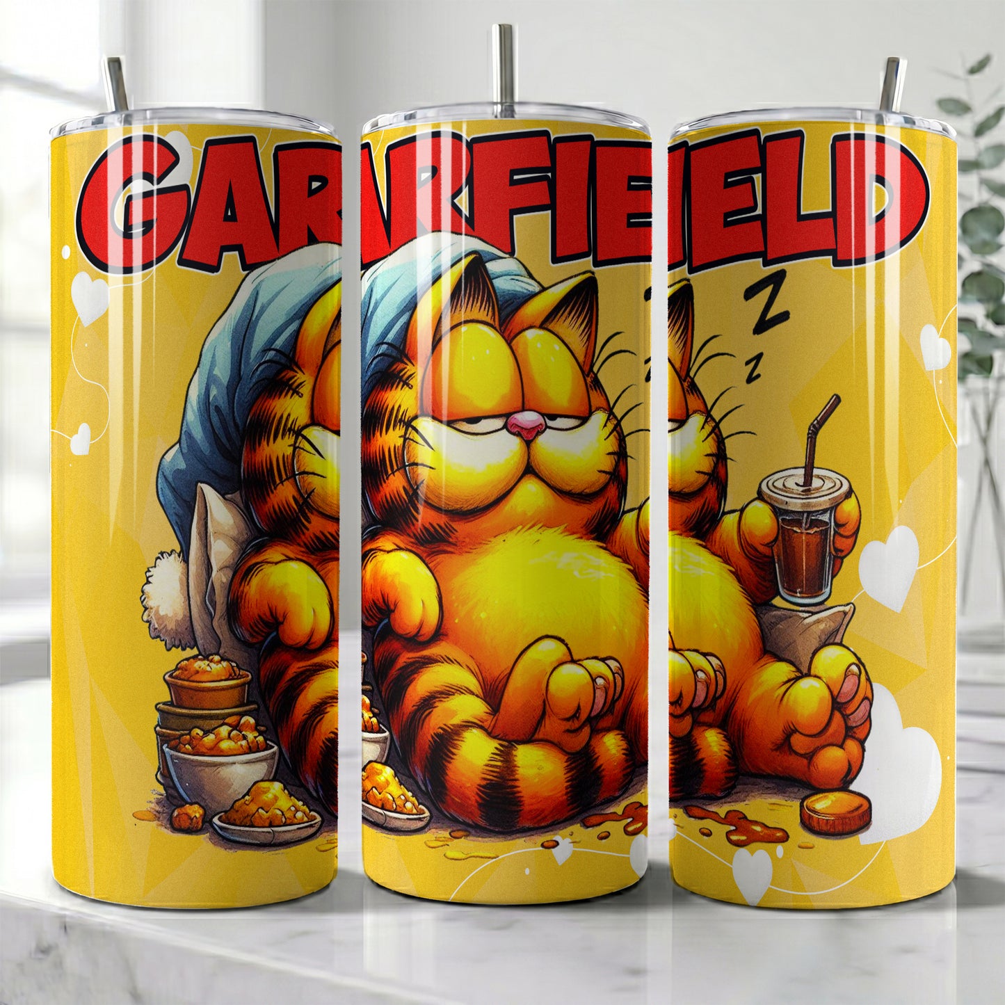 Garfield Sleepy Cat Skinny Tumbler - Custom Name (20oz) | Insulated Stainless Steel Travel Cup