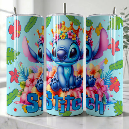 Stitch Tropical Flower Crown Skinny Tumbler - Custom Name (20oz) | Insulated Stainless Steel Travel Cup