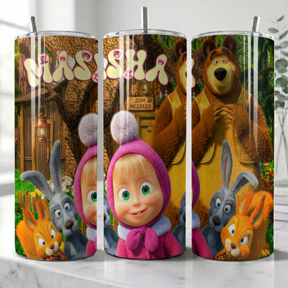 Masha and the Bear Forest Friends Skinny Tumbler - Custom Name (20oz) | Insulated Stainless Steel Travel Cup