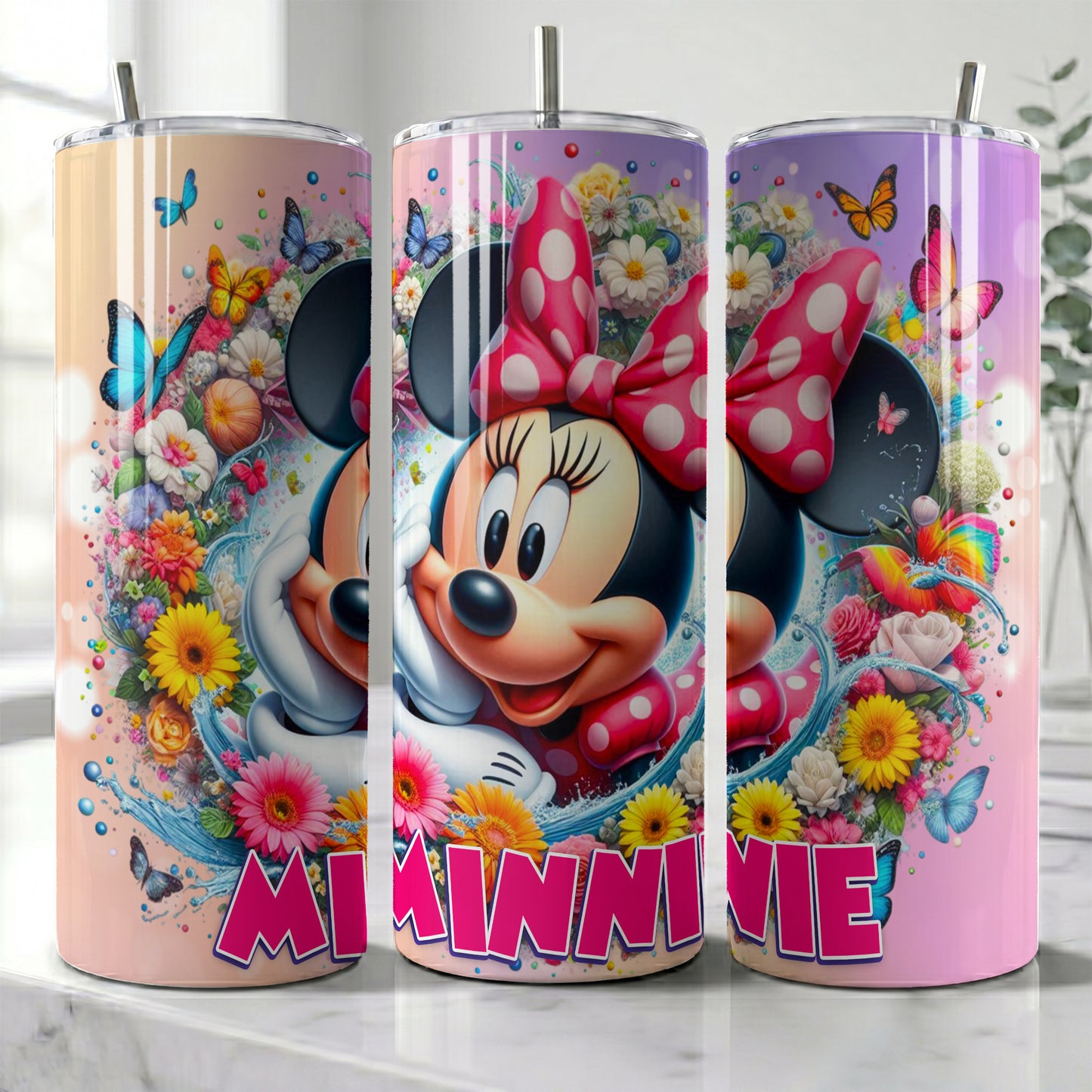 Minnie Mouse Floral Butterfly Skinny Tumbler - Custom Name (20oz) | Insulated Stainless Steel Travel Cup