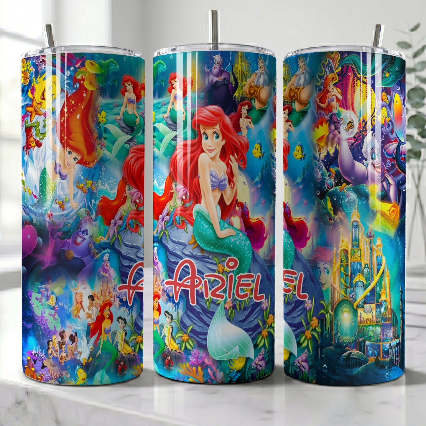 Ariel The Little Mermaid Collage Skinny Tumbler - Custom Name (20oz) | Insulated Stainless Steel Travel Cup