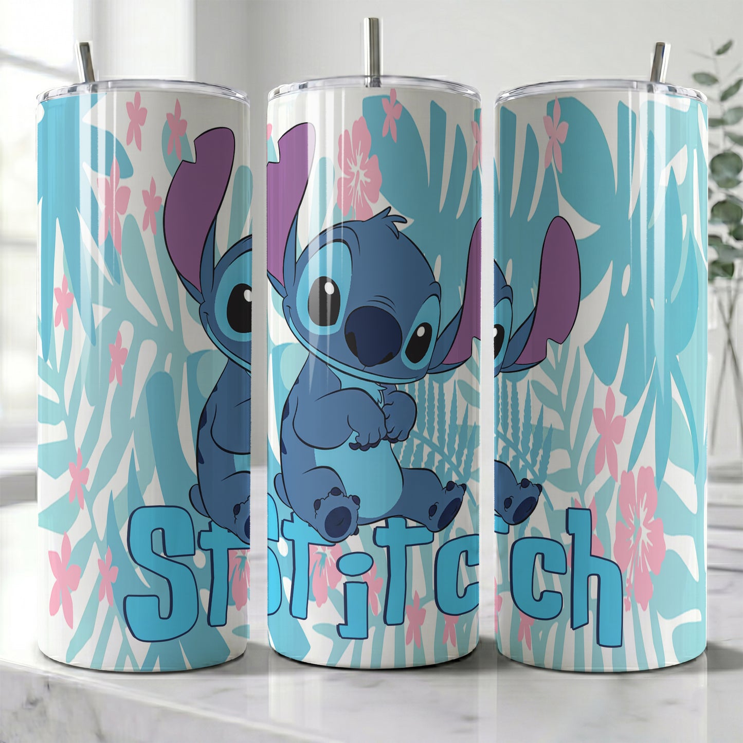 Stitch Tropical Leaves Skinny Tumbler - Custom Name (20oz) | Insulated Stainless Steel Travel Cup