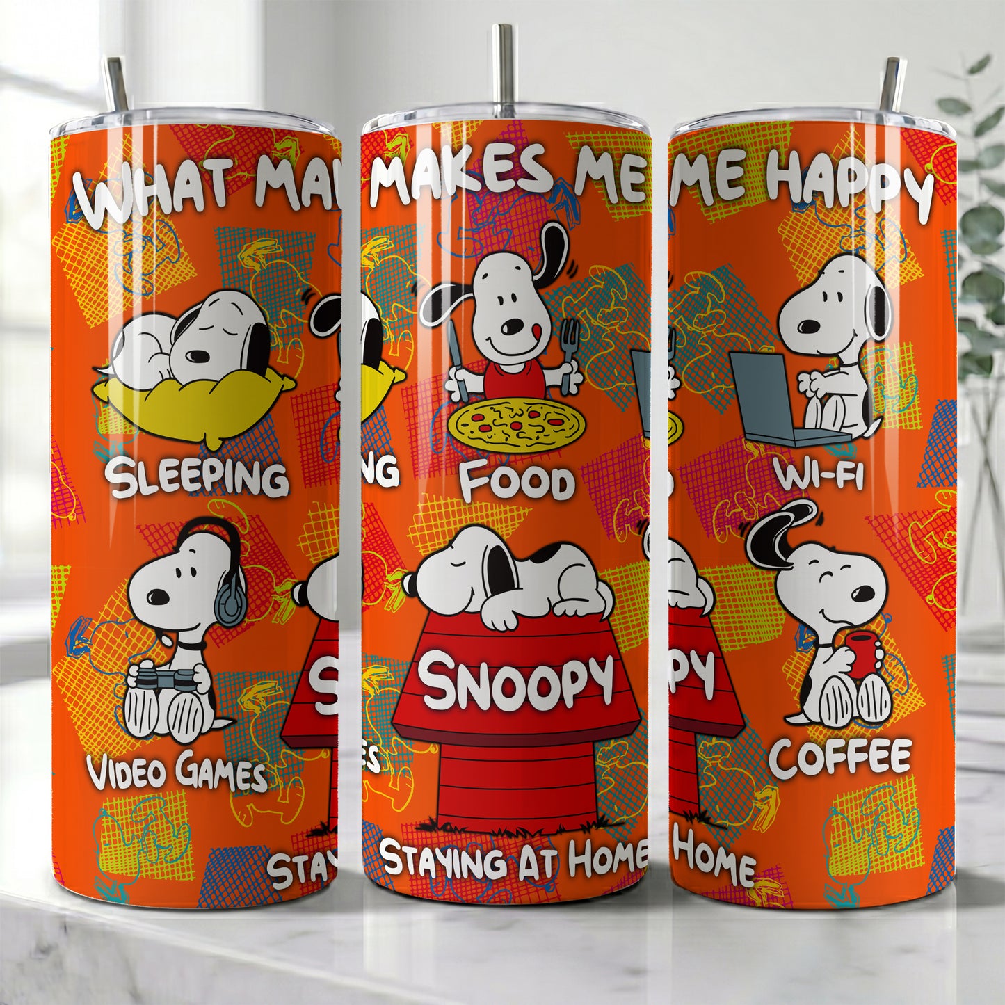 Snoopy What Makes Me Happy Skinny Tumbler - Custom Name (20oz) | Insulated Stainless Steel Travel Cup