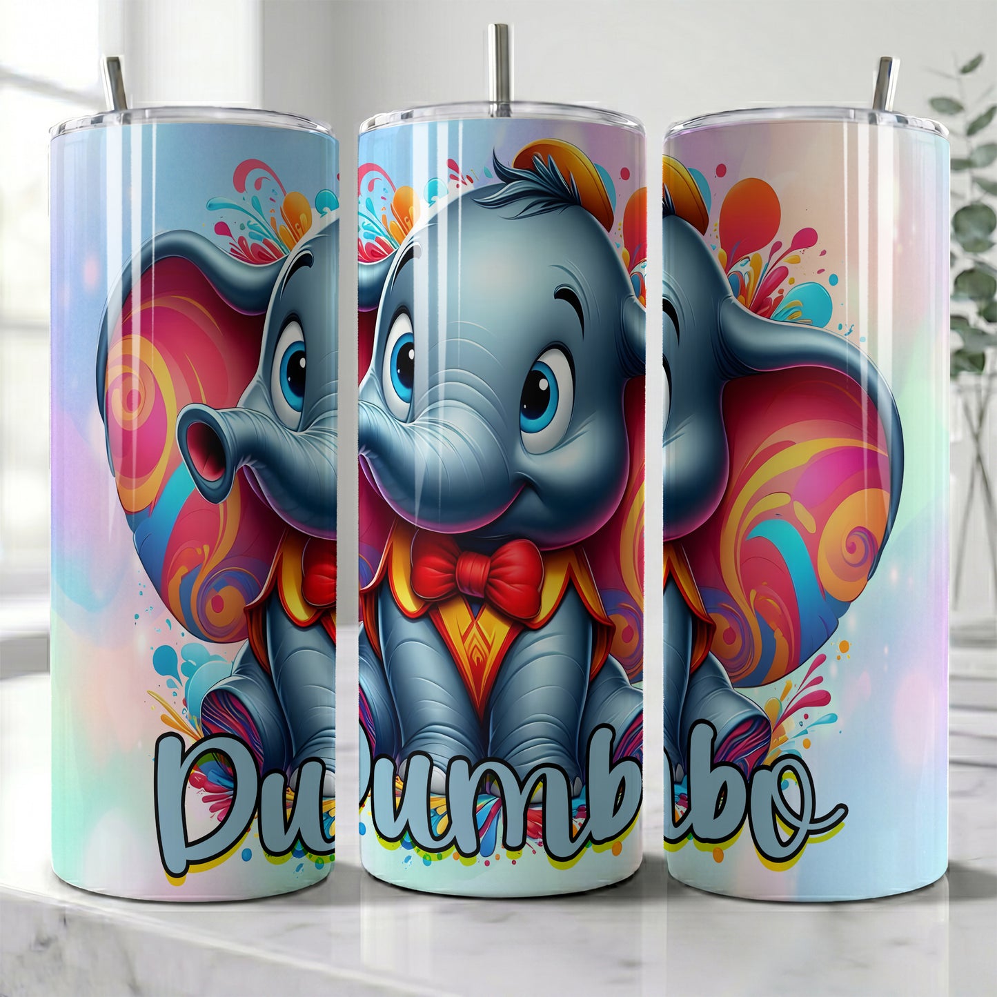 Dumbo Colorful Paint Splash Skinny Tumbler - Custom Name (20oz) | Insulated Stainless Steel Travel Cup