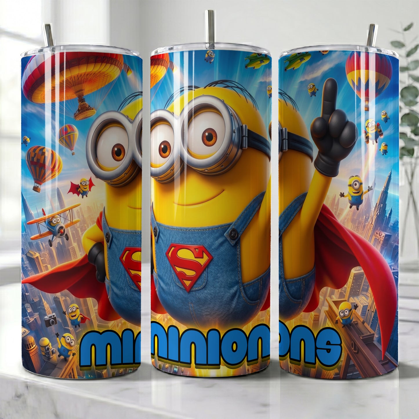 Minion Superhero City Skinny Tumbler - Custom Name (20oz) | Insulated Stainless Steel Travel Cup