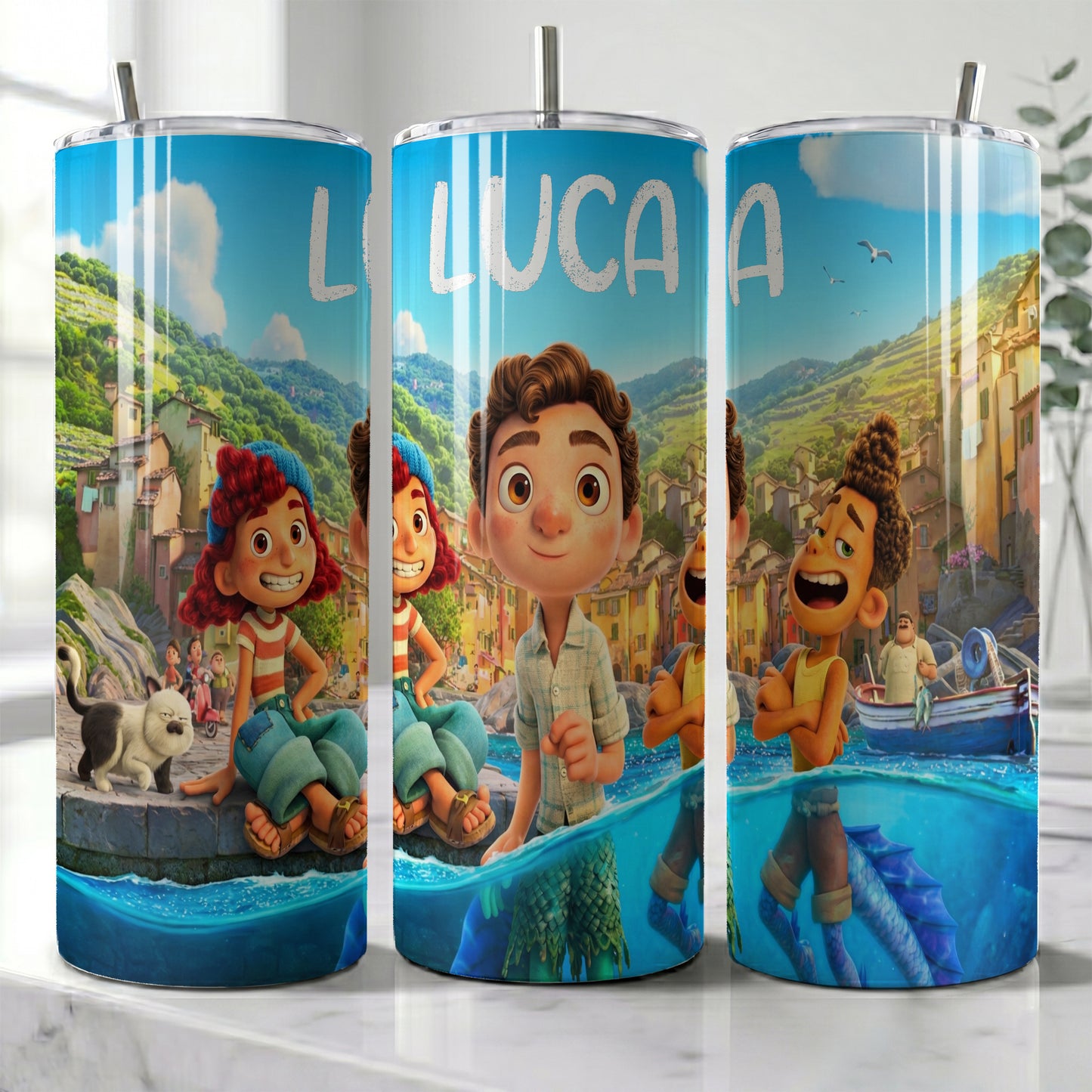 Luca Italian Riviera Sea Monster Skinny Tumbler - Custom Name (20oz) | Insulated Stainless Steel Travel Cup