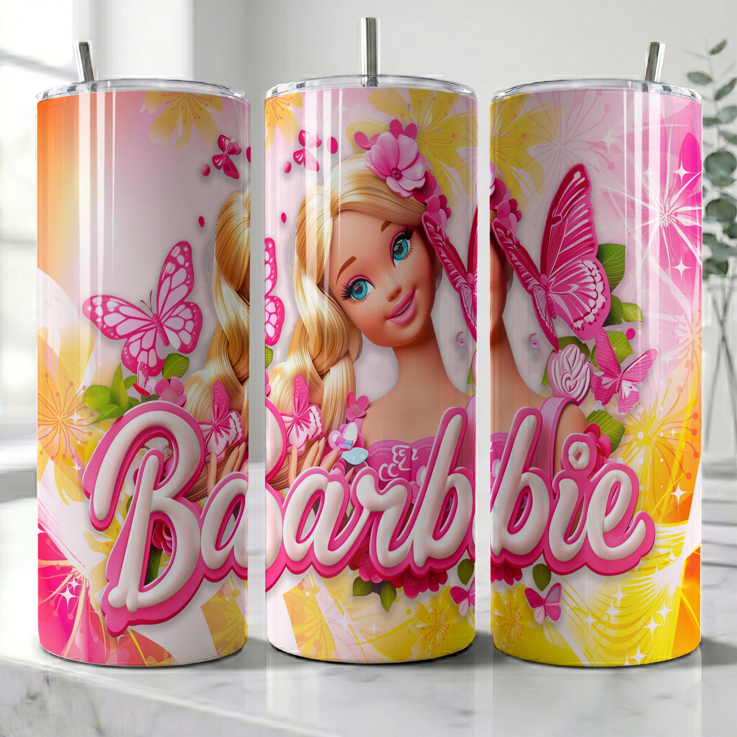 Barbie Butterfly Glow Skinny Tumbler - Custom Name (20oz) | Insulated Stainless Steel Travel Cup