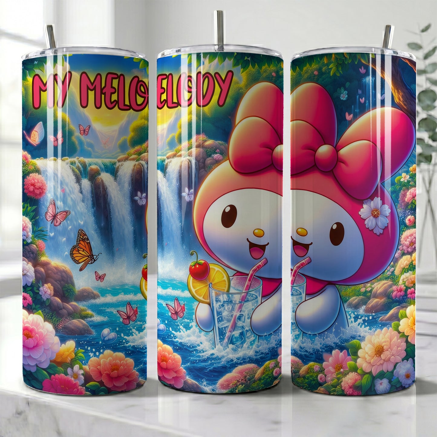 My Melody Waterfall Skinny Tumbler - Custom Name (20oz) | Insulated Stainless Steel Travel Cup