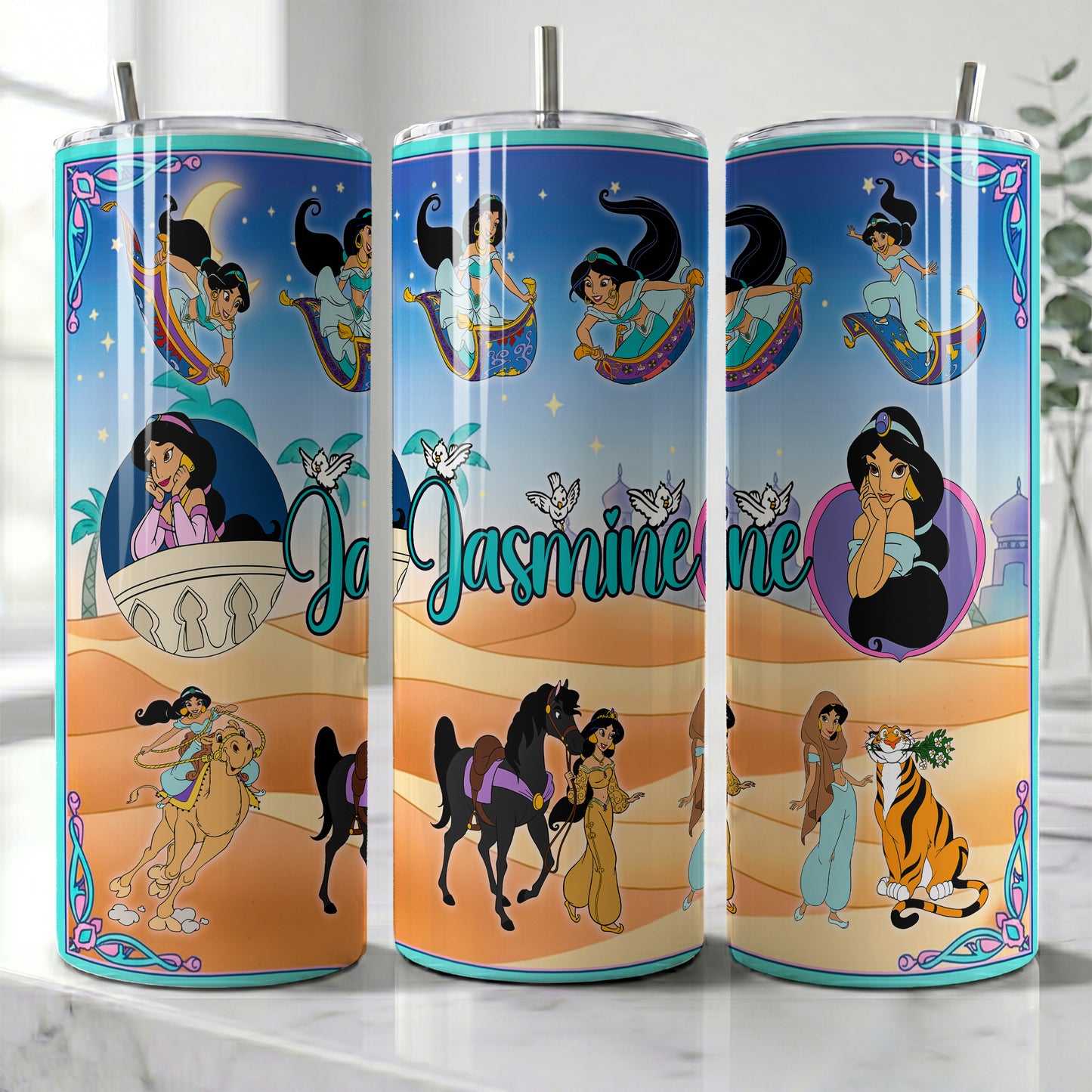 Princess Jasmine Magic Carpet Skinny Tumbler - Custom Name (20oz) | Insulated Stainless Steel Travel Cup