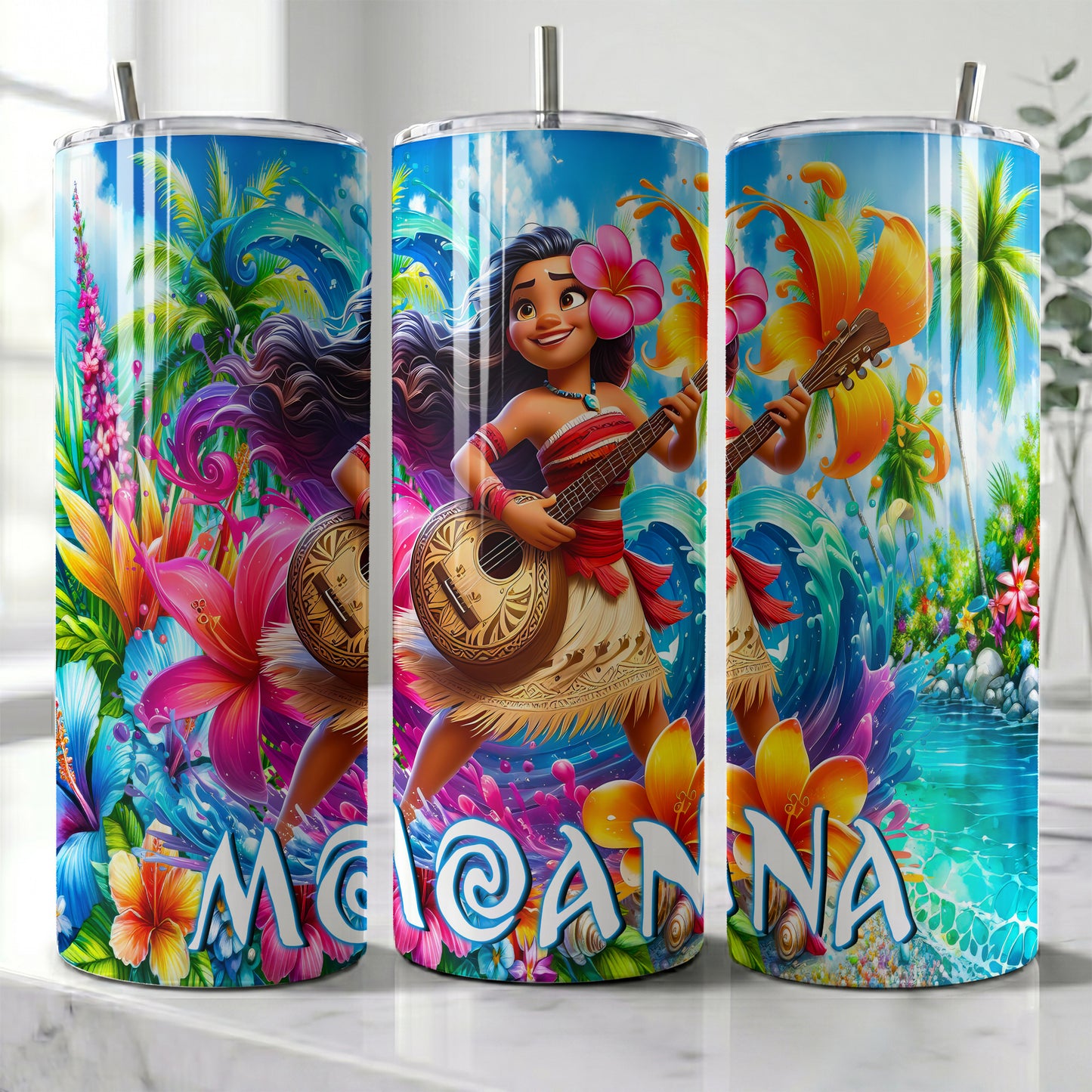 Moana Musical Tropical Ocean Skinny Tumbler - Custom Name (20oz) | Insulated Stainless Steel Travel Cup