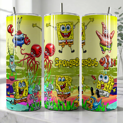 SpongeBob Bikini Bottom Friends Skinny Tumbler - Custom Name (20oz) | Insulated Stainless Steel Travel Cup