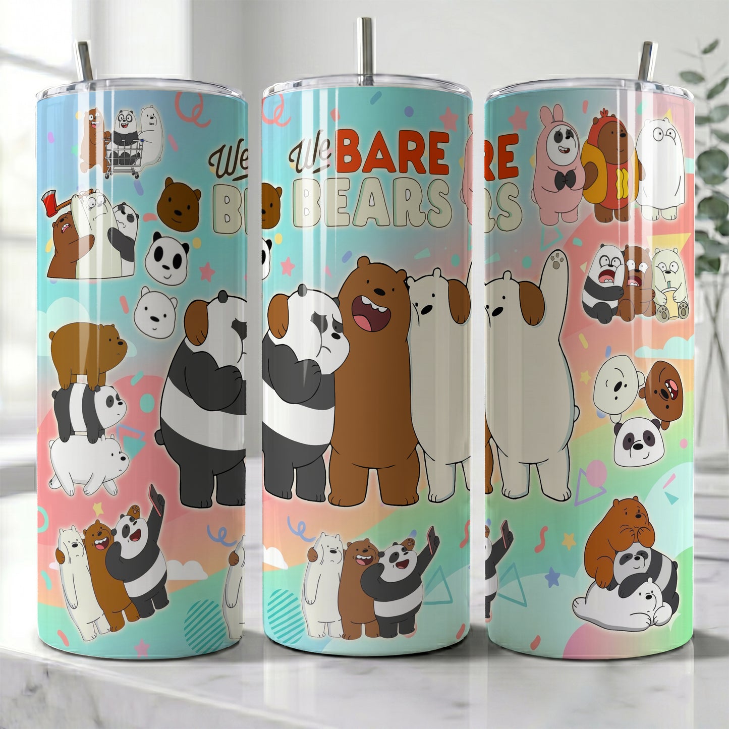 We Bare Bears Pastel Collage Skinny Tumbler - Custom Name (20oz) | Insulated Stainless Steel Travel Cup