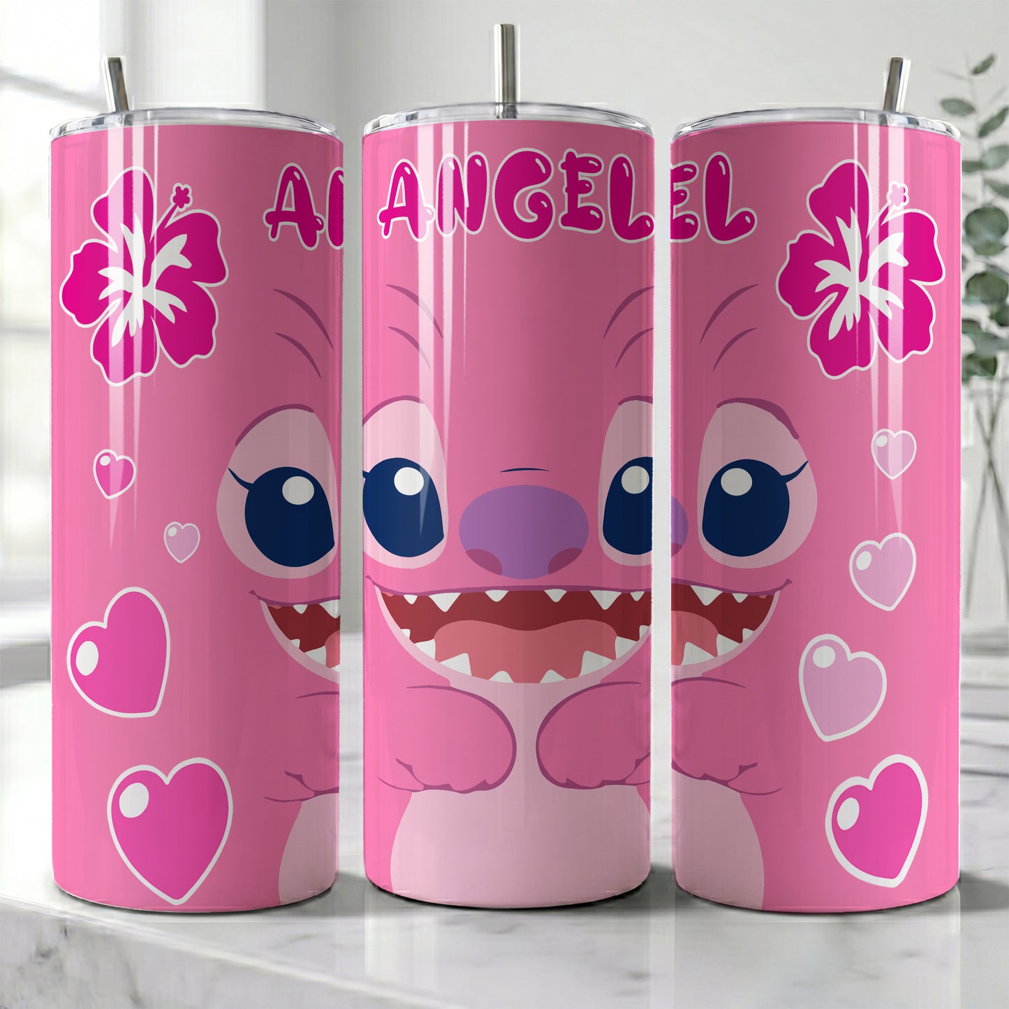 Angel Pink Hearts Skinny Tumbler - Custom Name (20oz) | Insulated Stainless Steel Travel Cup