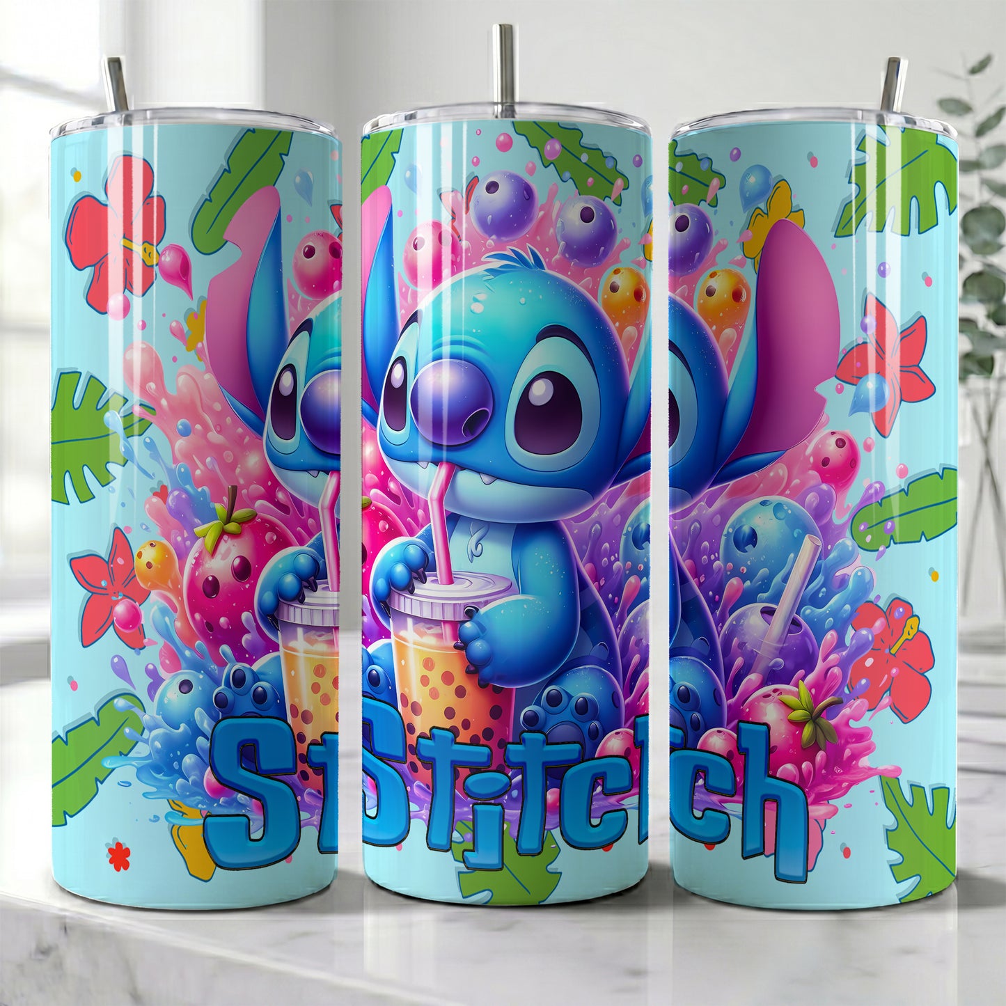 Stitch Boba Tea Splash Skinny Tumbler - Custom Name (20oz) | Insulated Stainless Steel Travel Cup