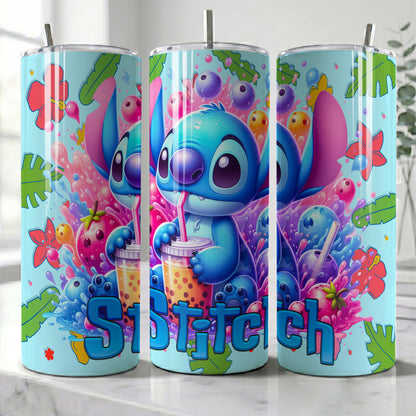Stitch Boba Tea Splash Skinny Tumbler - Custom Name (20oz) | Insulated Stainless Steel Travel Cup