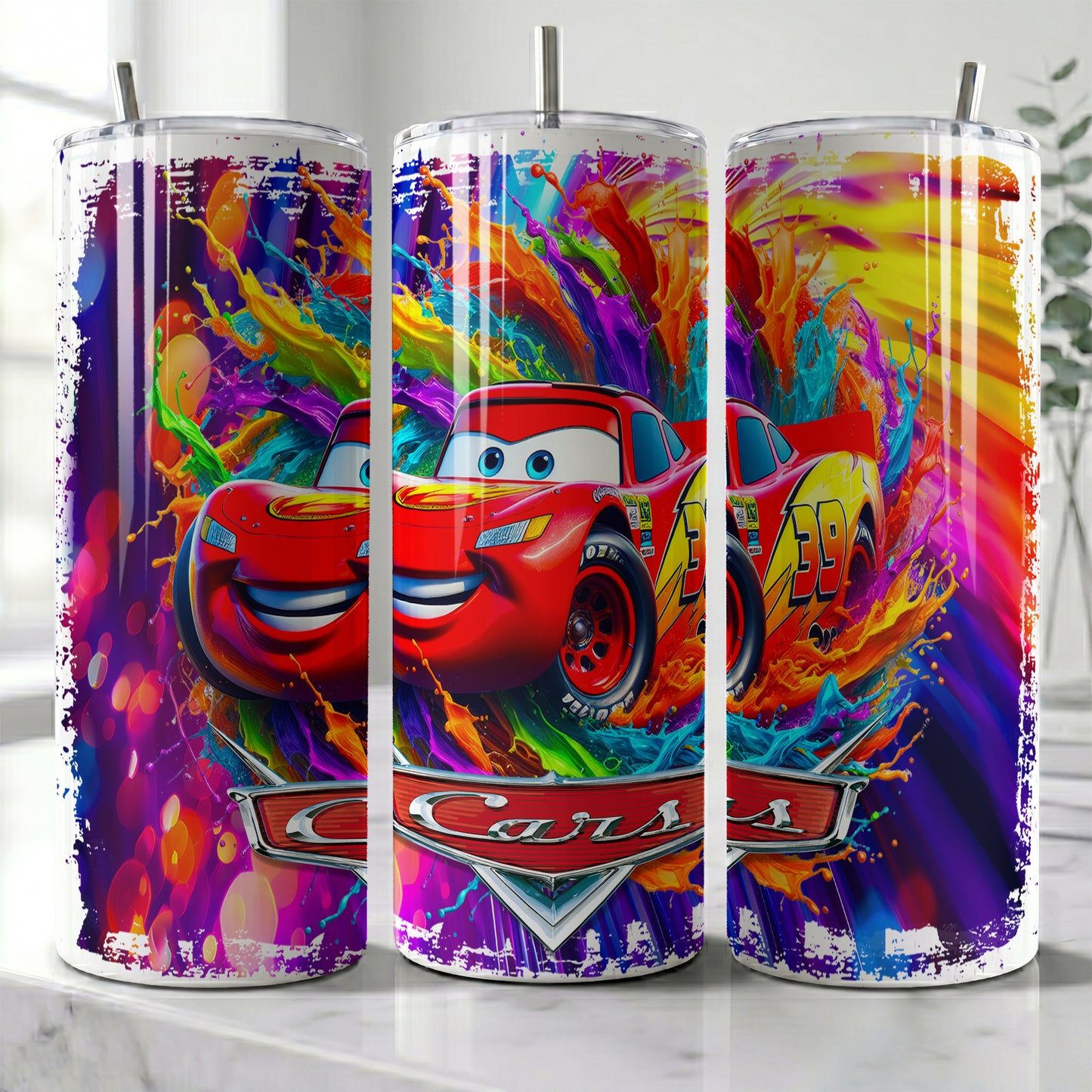 Lightning McQueen Cars Color Splash Skinny Tumbler - Custom Name (20oz) | Insulated Stainless Steel Travel Cup