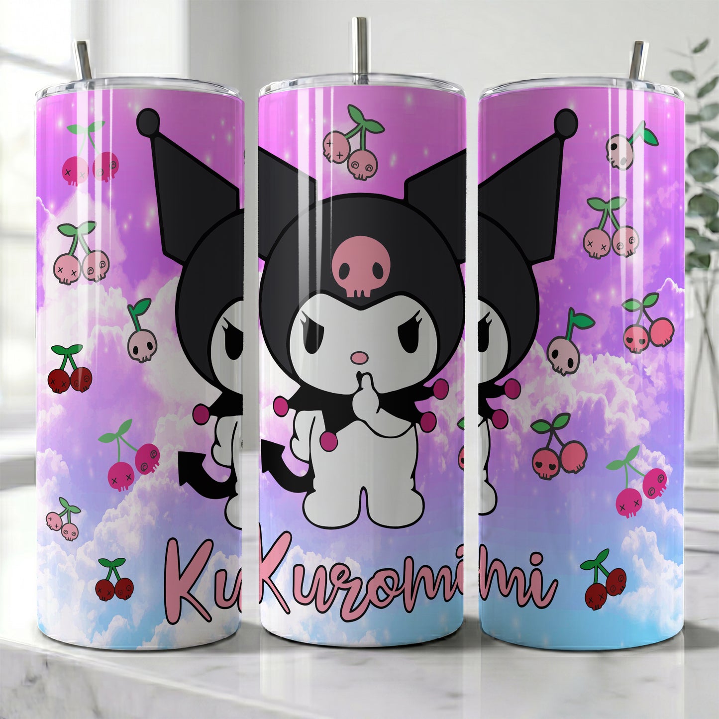 Kuromi Purple Clouds Skinny Tumbler - Custom Name (20oz) | Insulated Stainless Steel Travel Cup