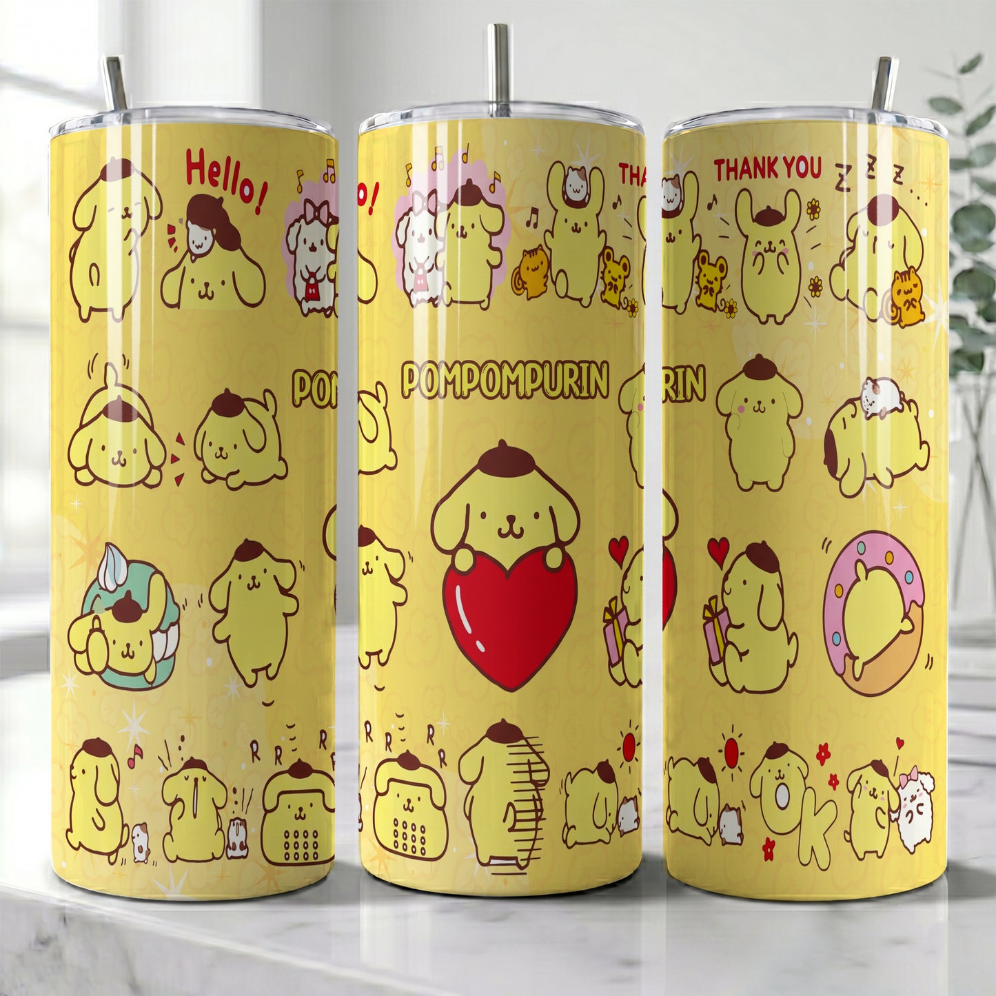Pompompurin Yellow Heart Skinny Tumbler - Custom Name (20oz) | Insulated Stainless Steel Travel Cup