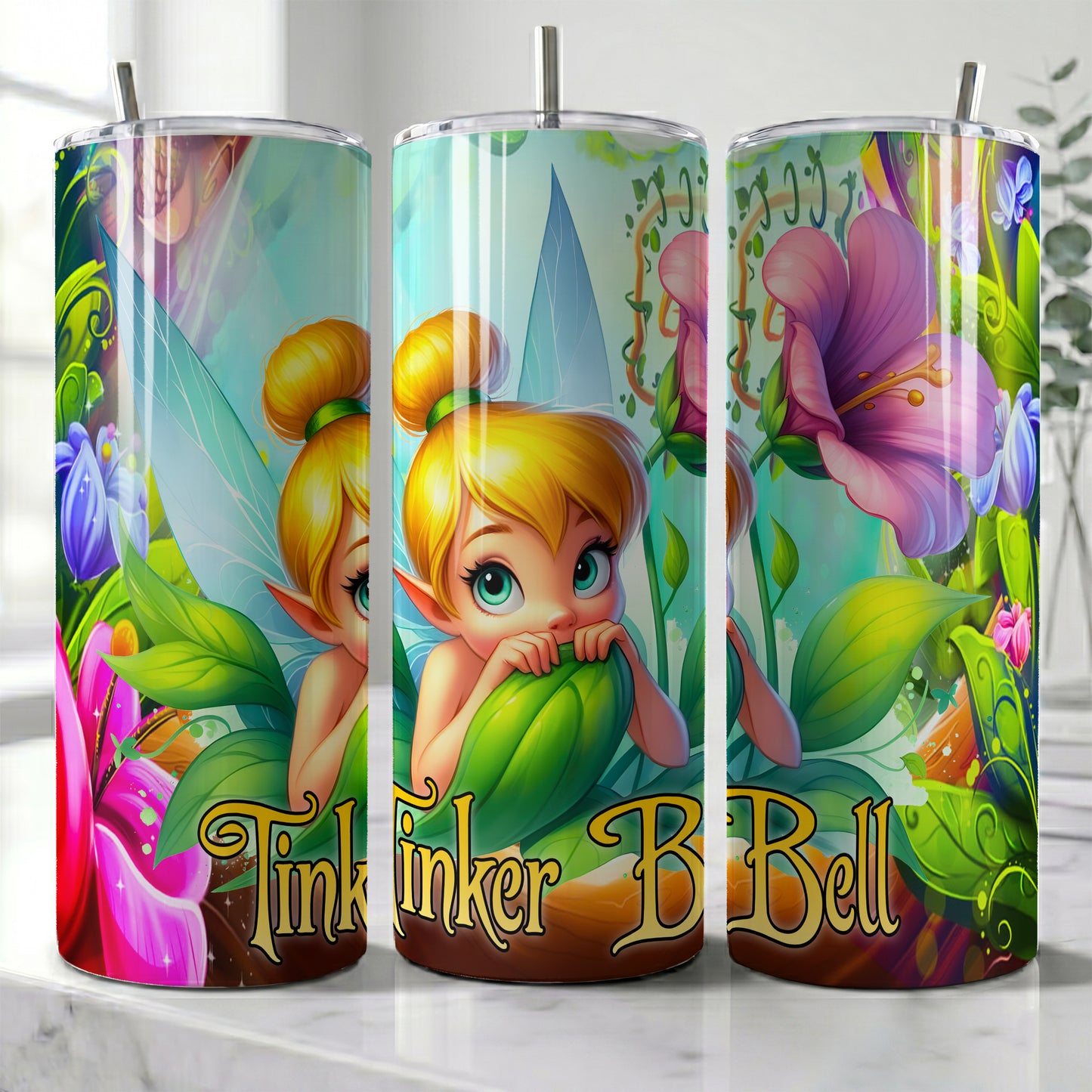 Tinker Bell Magical Fairy Forest Skinny Tumbler - Custom Name (20oz) | Insulated Stainless Steel Travel Cup