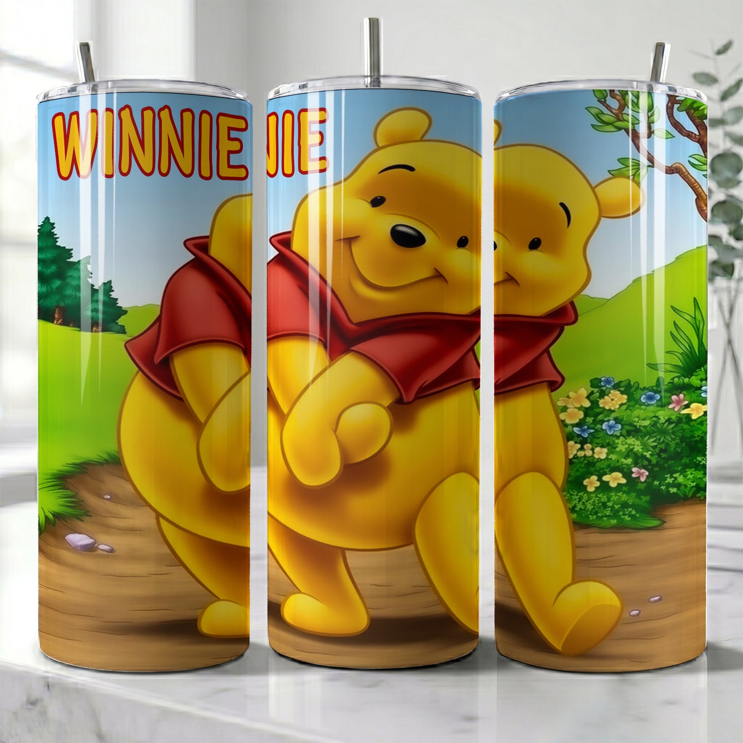 Winnie the Pooh Forest Path Skinny Tumbler - Custom Name (20oz) | Insulated Stainless Steel Travel Cup