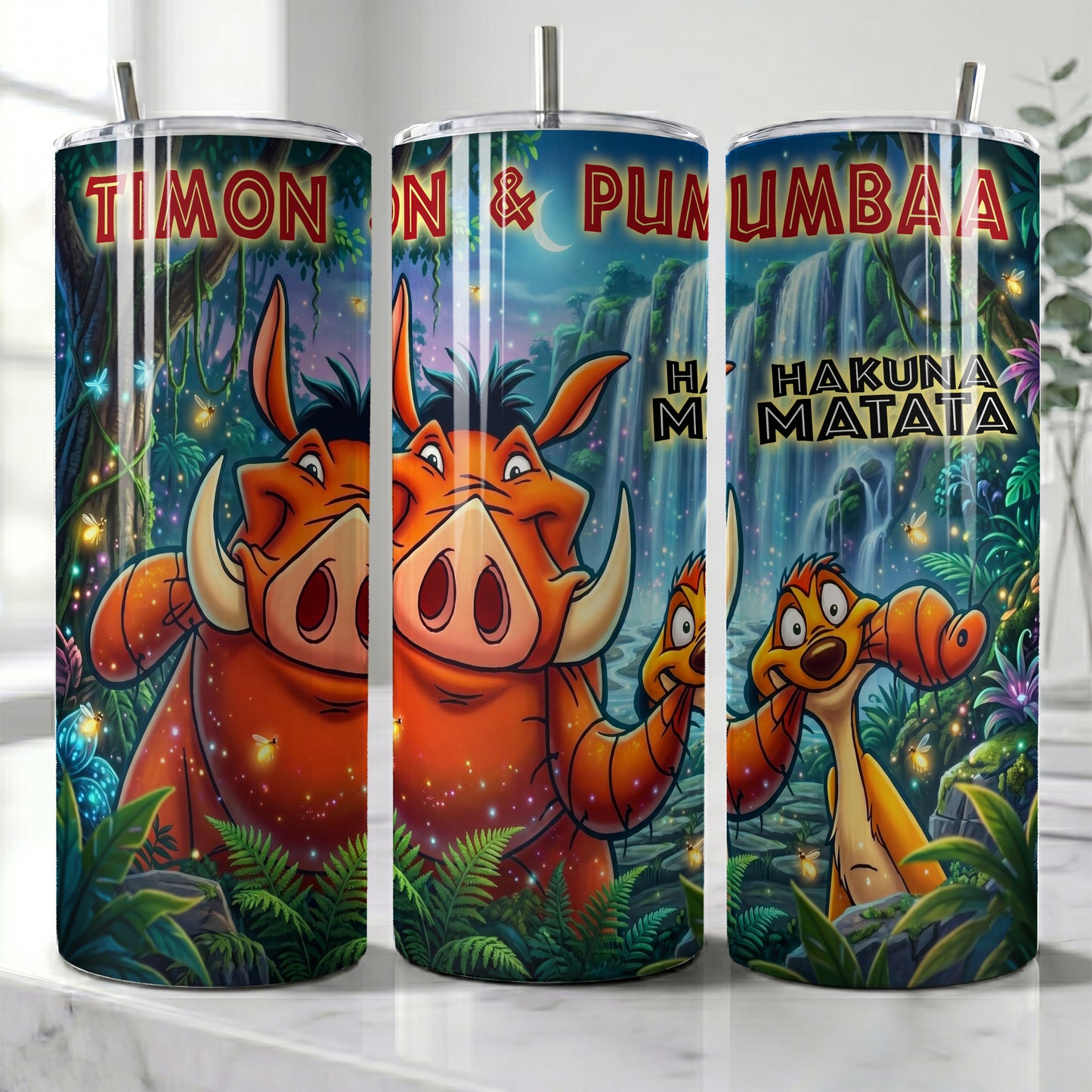 Timon & Pumbaa Hakuna Matata Skinny Tumbler - Custom Name (20oz) | Insulated Stainless Steel Travel Cup