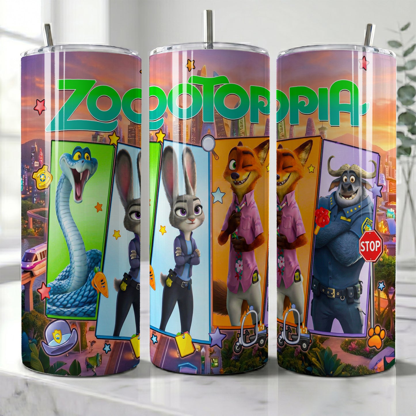 Zootopia City Skyline Panels Skinny Tumbler - Custom Name (20oz) | Insulated Stainless Steel Travel Cup