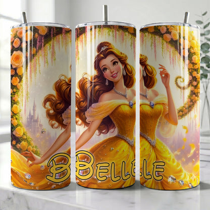Princess Belle Floral Skinny Tumbler - Custom Name (20oz) | Insulated Stainless Steel Travel Cup