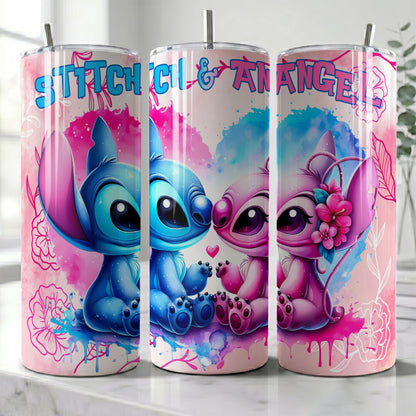 Stitch & Angel Watercolor Hearts Skinny Tumbler - Custom Name (20oz) | Insulated Stainless Steel Travel Cup