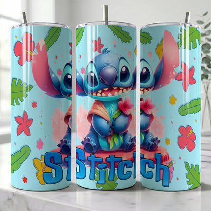 Stitch Pink Flower Skinny Tumbler - Custom Name (20oz) | Insulated Stainless Steel Travel Cup
